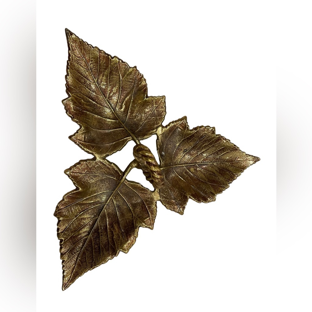 Cast Metal Veined Grape Leaf Trio Candy/Trinket Dish w/ Handle, Brass-color, EUC